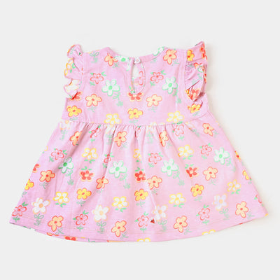 Infant Girls Knitted Frock Flower Printed  - Blushing