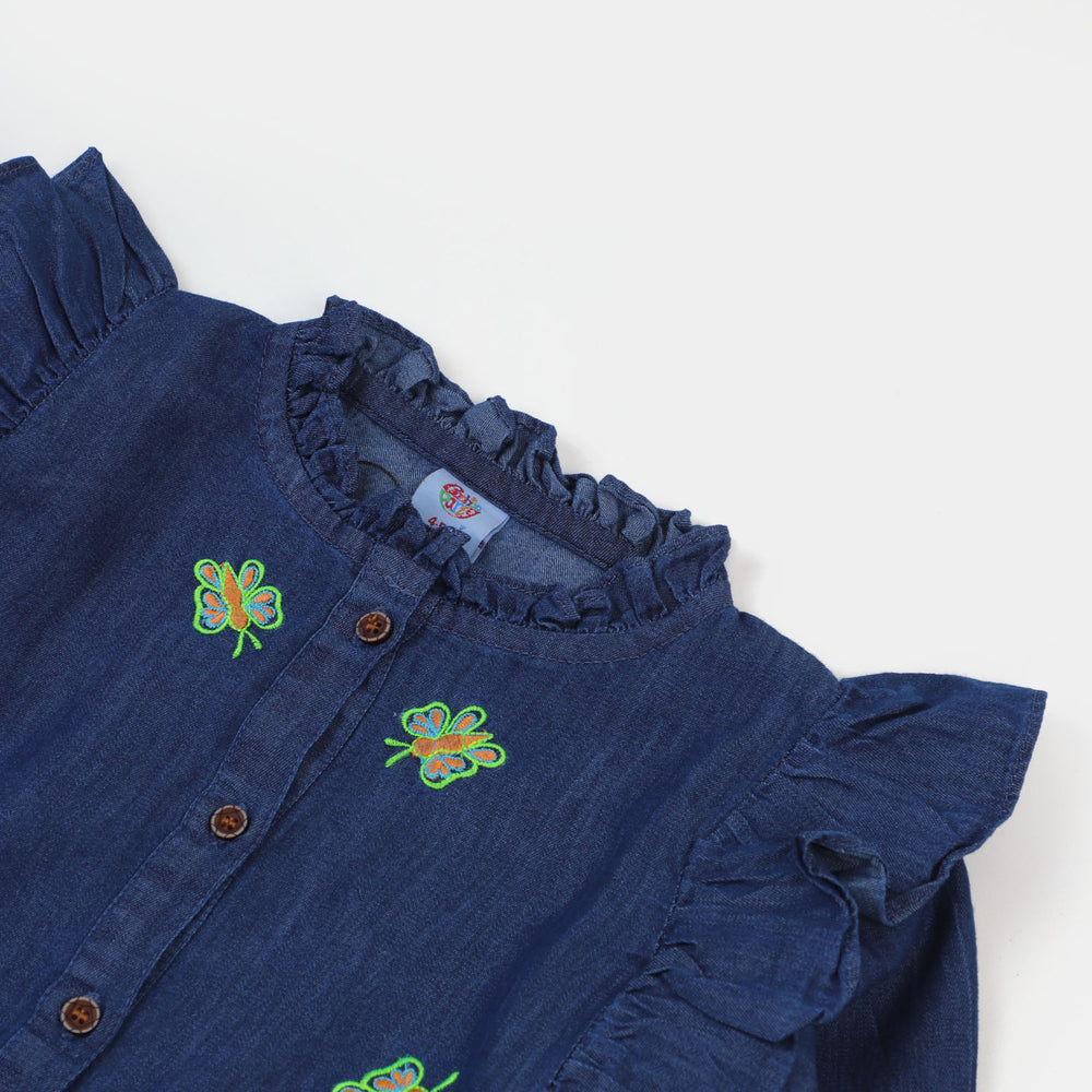 Girls Top Denim Emb - Mid Blue