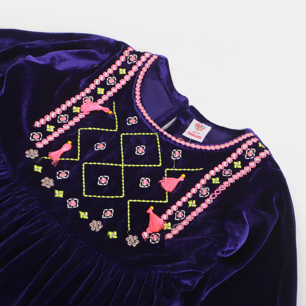 Girls Velvet Embroidered Top Hanging Tassels - Purple