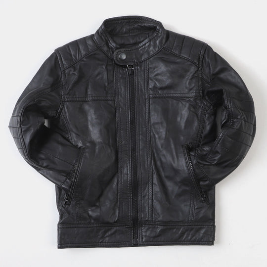 Boys Genuine  Sheep Leather Jacket Biker Sleeves-BLACK