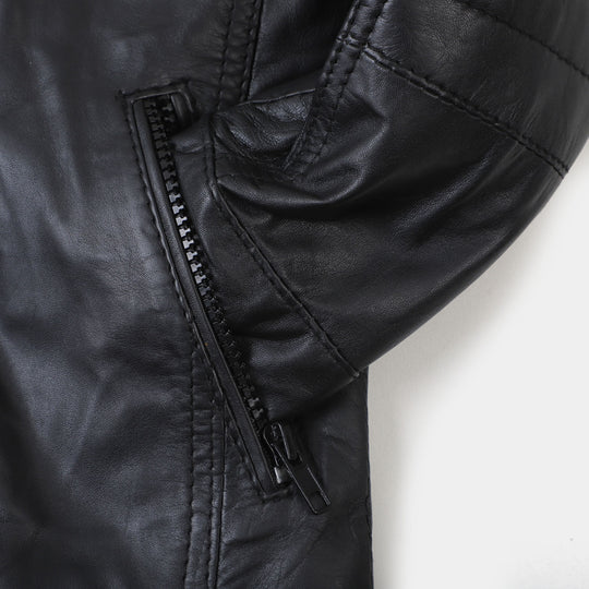 Boys Genuine  Sheep Leather Jacket Biker Sleeves-BLACK