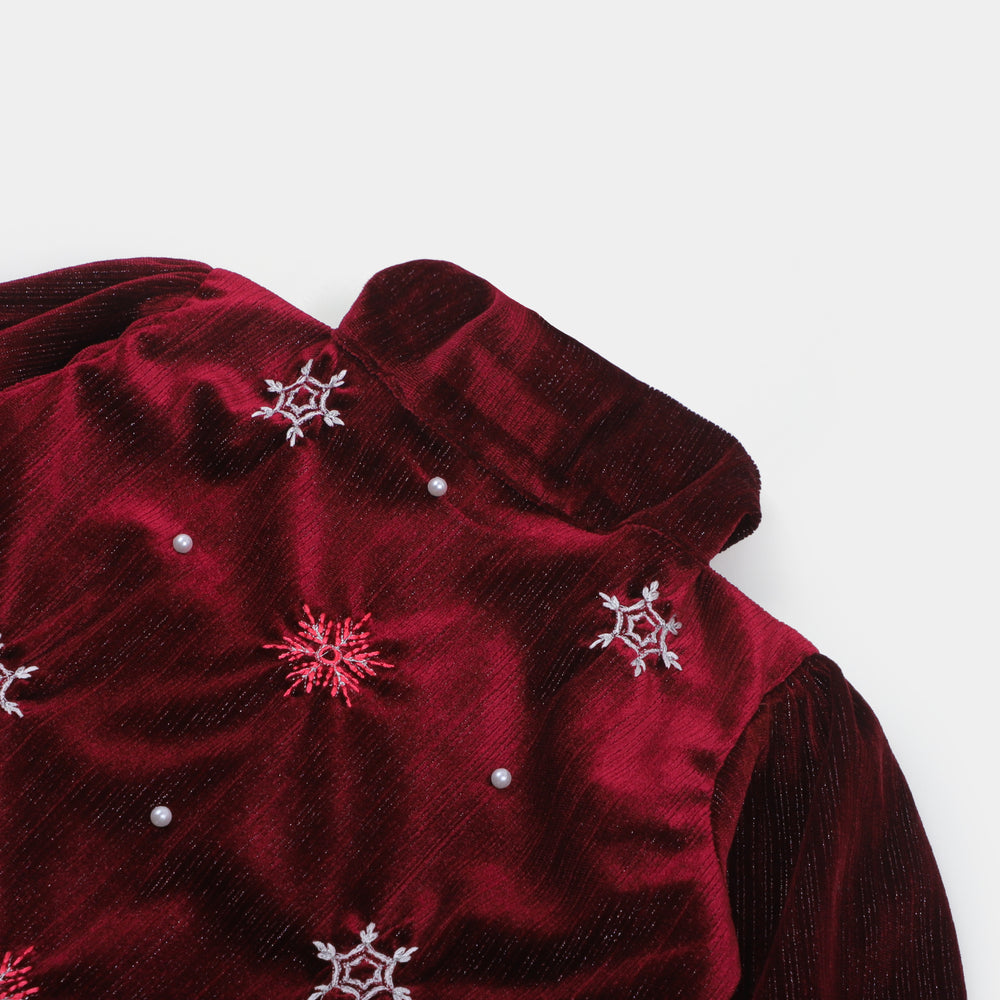 Girls Velvet Embroidered Top Ice Girl - MAROON