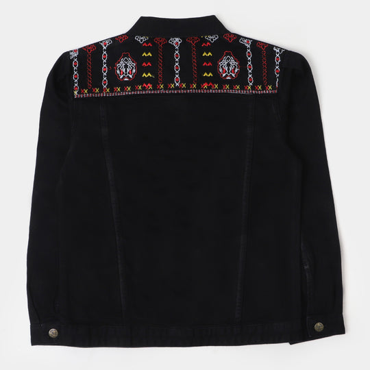 Teens Girls Denim Jacket Yoke Embroidered - BLACK