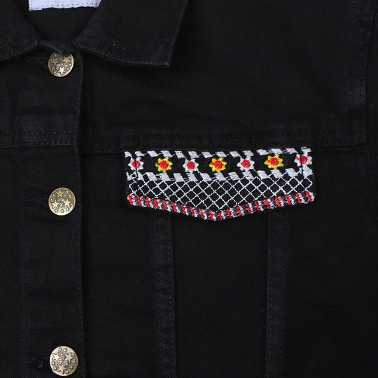 Teens Girls Denim Jacket Yoke Embroidered - BLACK