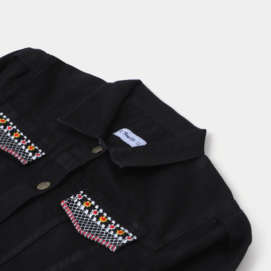 Teens Girls Denim Jacket Yoke Embroidered - BLACK
