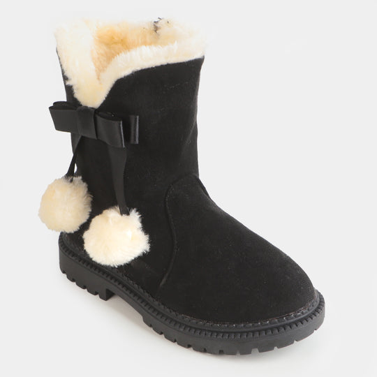 Girls Plush Balls Boots - Black