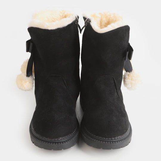 Girls Plush Balls Boots - Black