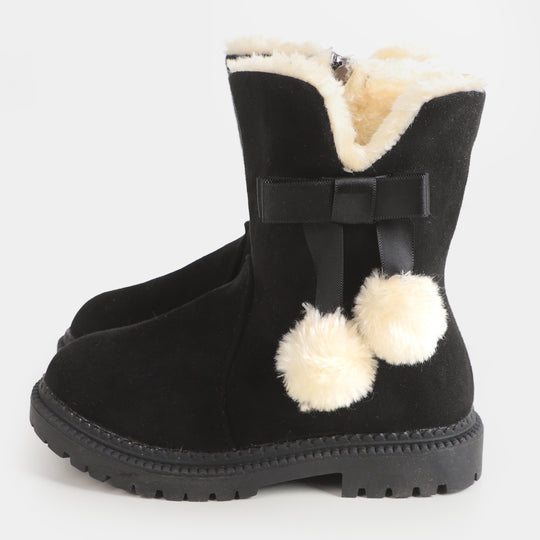 Girls Plush Balls Boots - Black