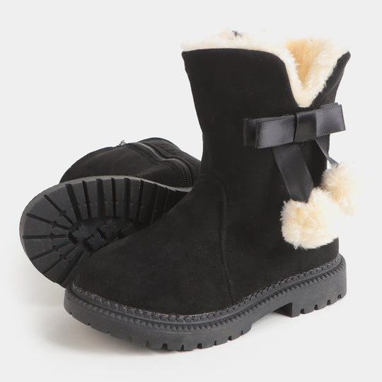 Girls Plush Balls Boots - Black