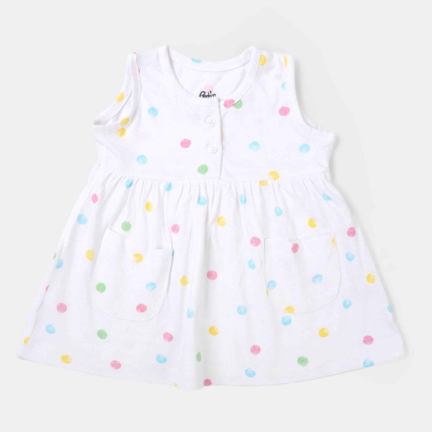 Babyhug Cotton Woven Sleeveless Frock with Polka Dots Print & Bow Applique - White