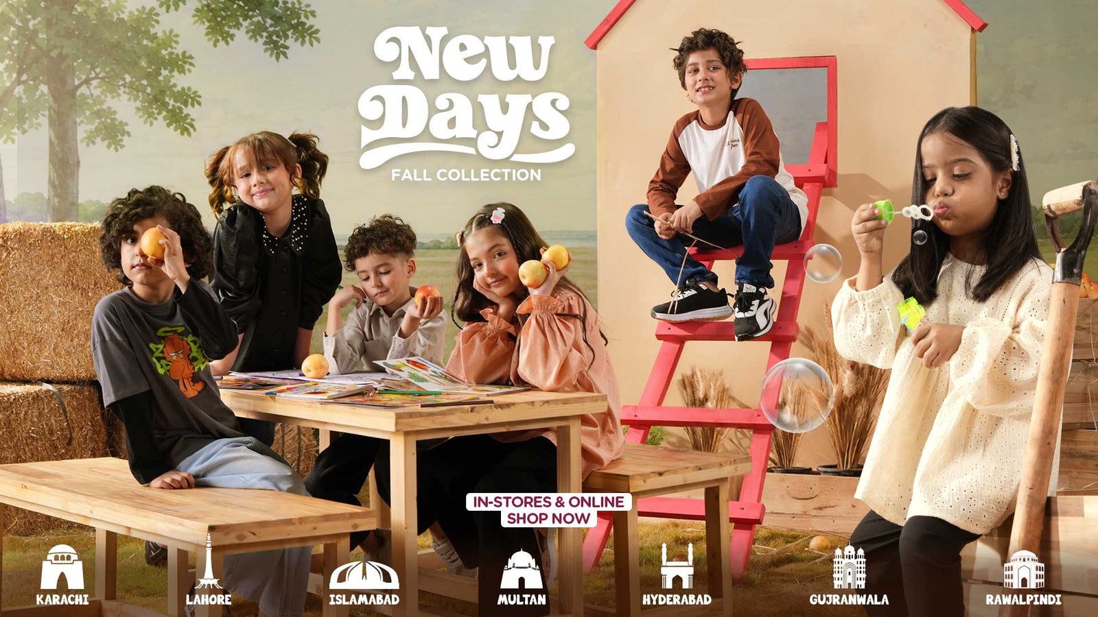 Bachaa Party New Days Fall Collection — kids in fall outfits including a sweater, jacket, eastern wear and casual shirt