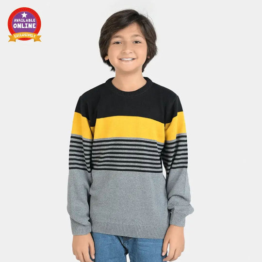 Boys Acrylic Full Sleeves Sweater Striper-Grey/Black