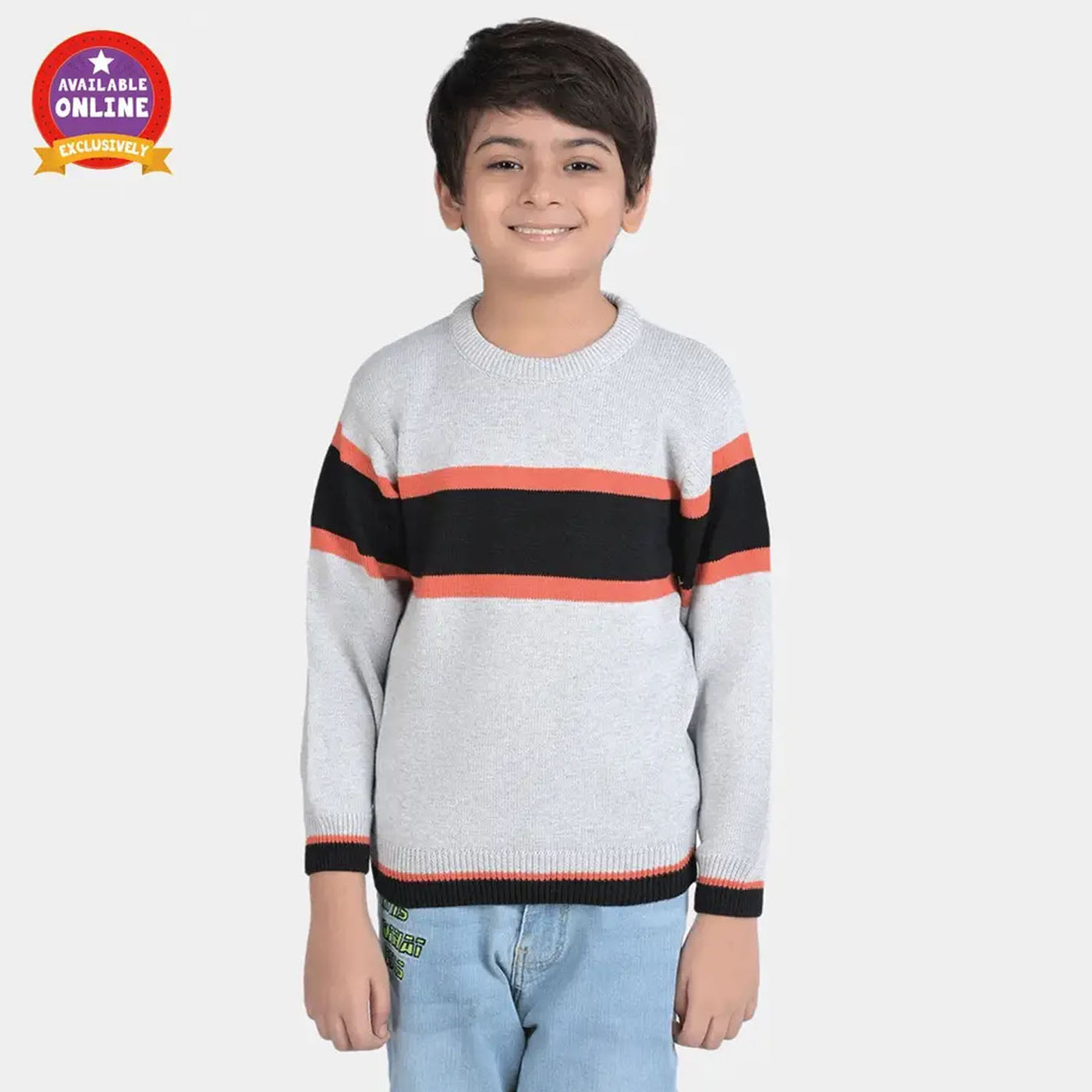Boys Acrylic Full Sleeves Sweater Striper-Grey/Black