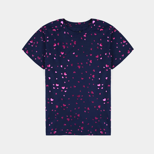 Girls Lycra Jersey T-Shirt H/S Pink Heart-NAVY