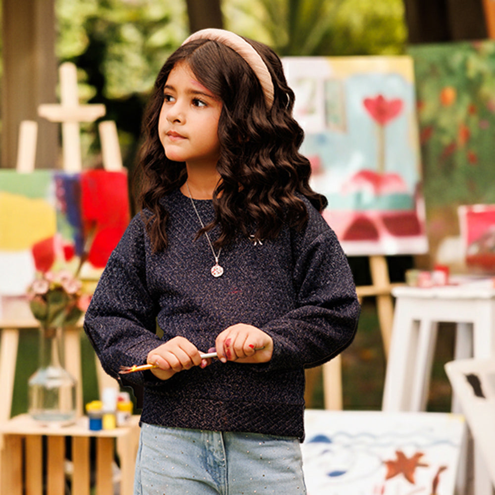 Girls Quilted Sweatshirt SILVER BOW-BLUE