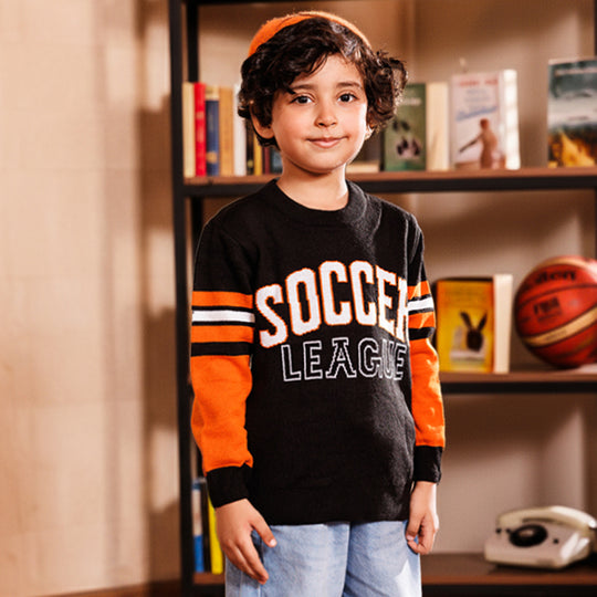Boys Acrylic Sweater-Soccer-Black/Orange