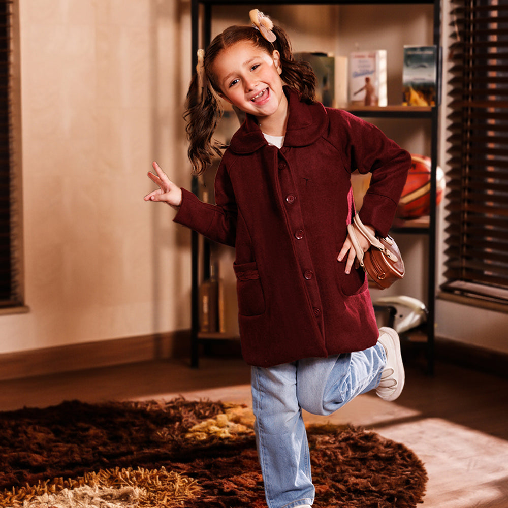 Girls Wool Trench Coat Princess-MAROON