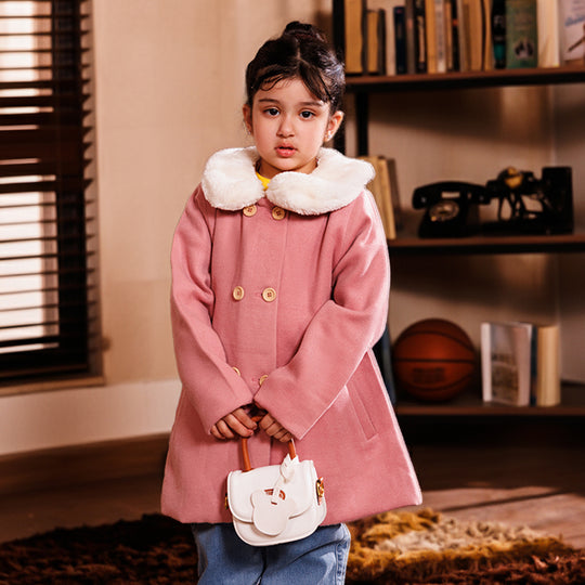 Girls Wool Trench Coat Fur-PINK
