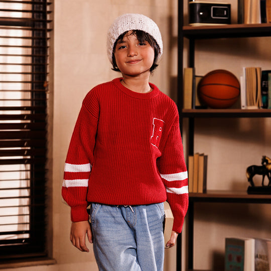 Boys Acrylic Sweater-Varsity - RED