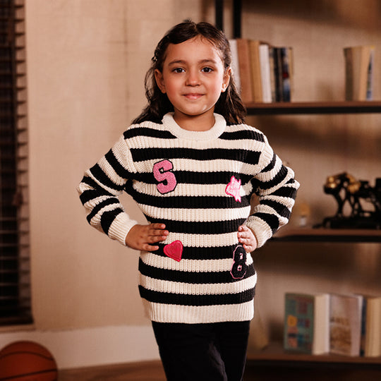 Girls Acrylic Sweater-Have Fun-Black/White