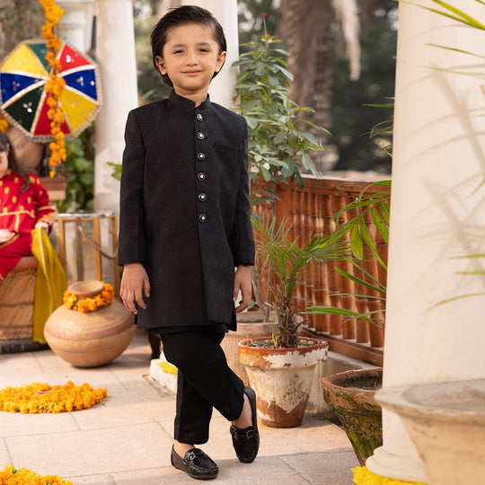 Boys Jamawar Sherwani-BLACK