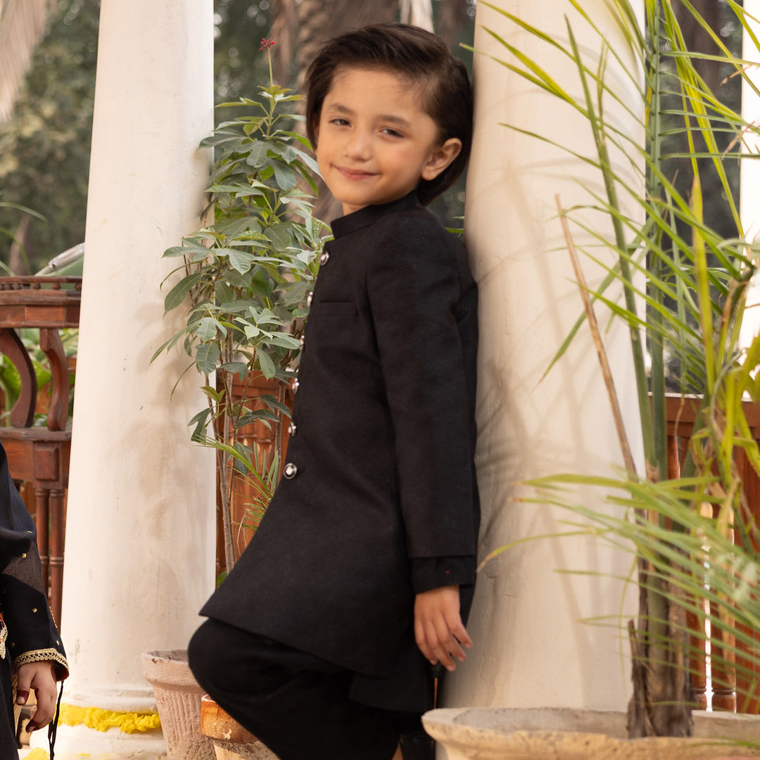 Boys Jamawar Sherwani-BLACK