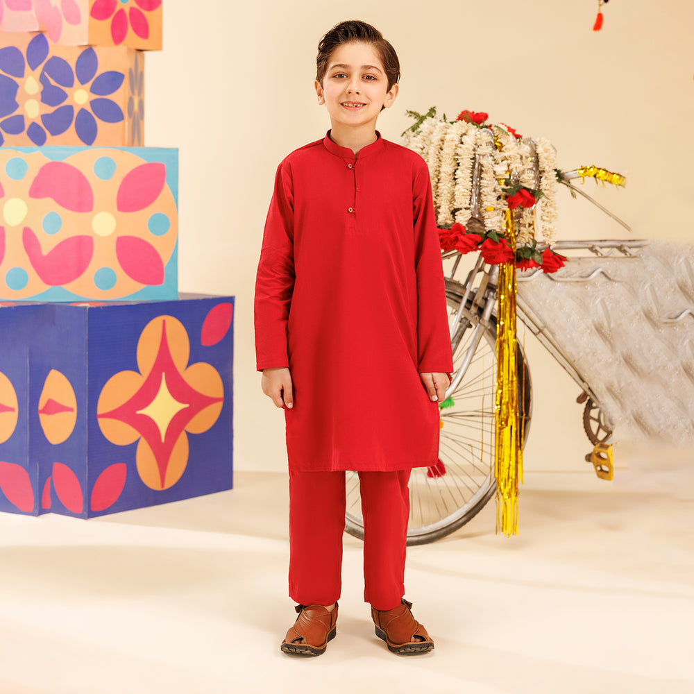 Boys Cotton 2pc Suit (Band Collar) - Red