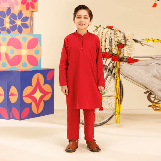 Boys Cotton 2pc Suit (Band Collar) - Red