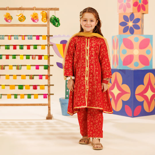 Girls Jacquard 3 Pcs Suit Gulistaan-Red