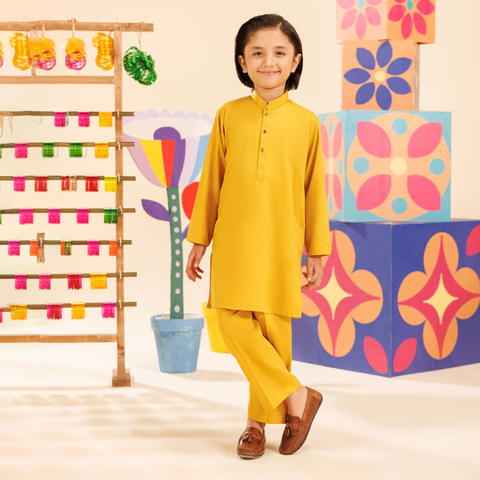 Boys Poly Viscose Kurta Pajama Suit (Cut Collar)-Mustard