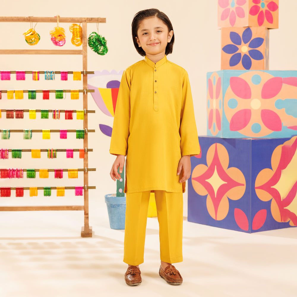 Boys Poly Viscose Shalwar Suit (Cut Collar)-Mustard