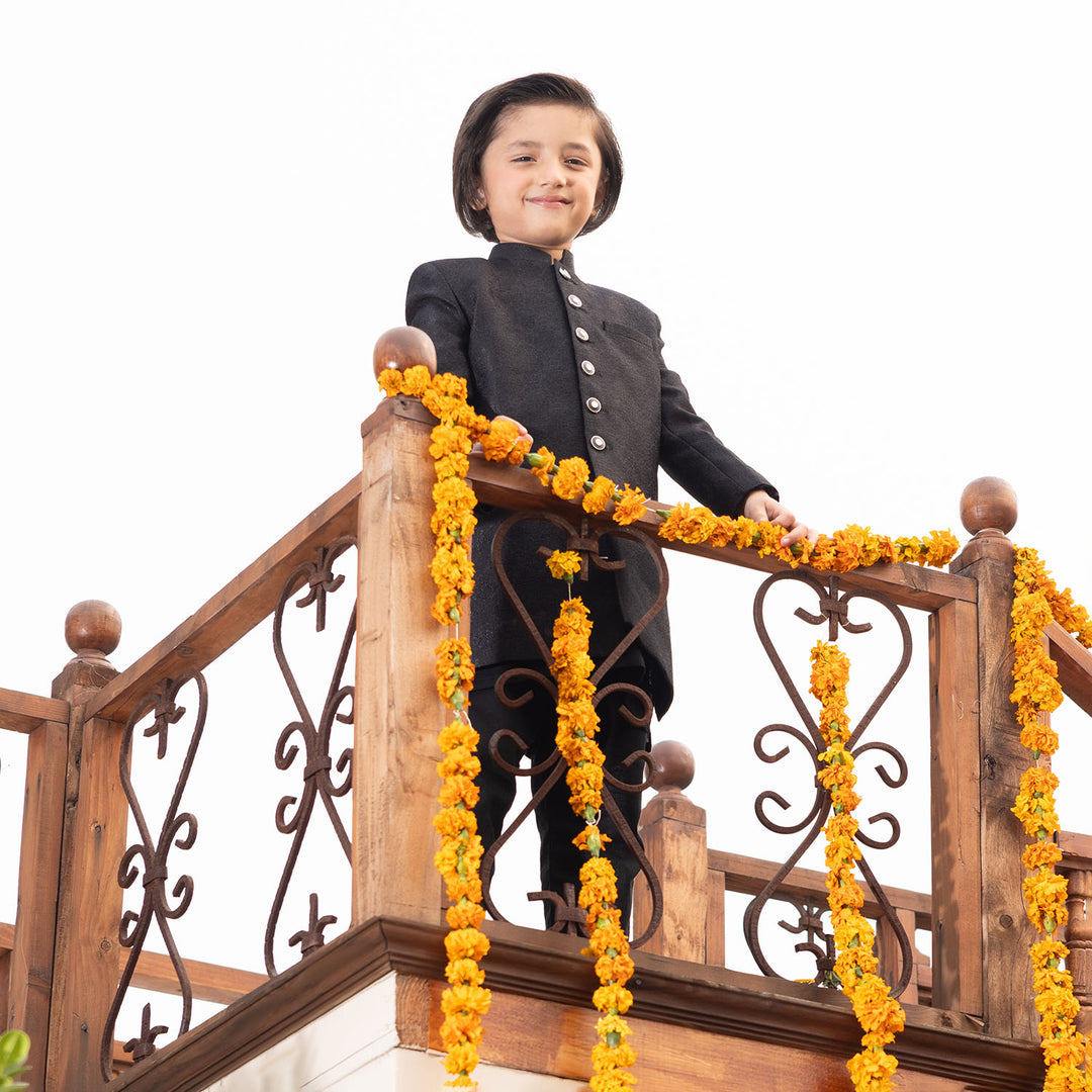 Boys Jamawar Sherwani-BLACK