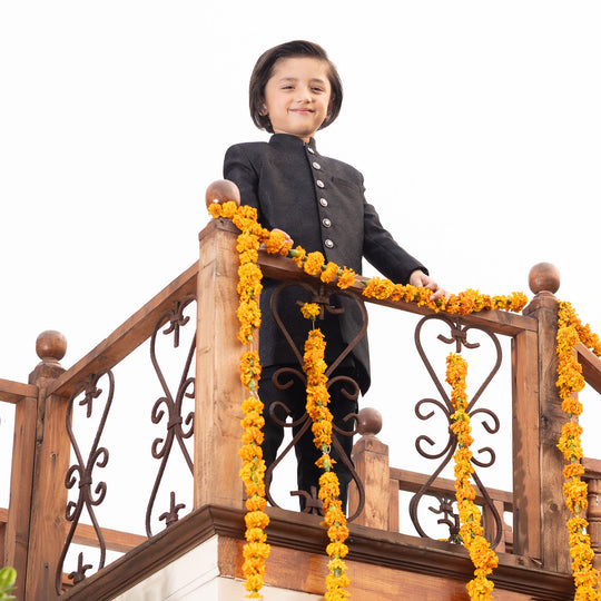 Boys Jamawar Sherwani-BLACK