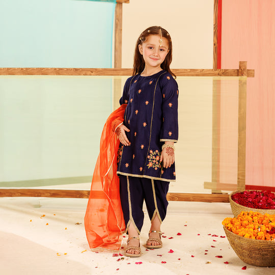 Girls Raw Silk 3 Pcs Umang - Navy Blue