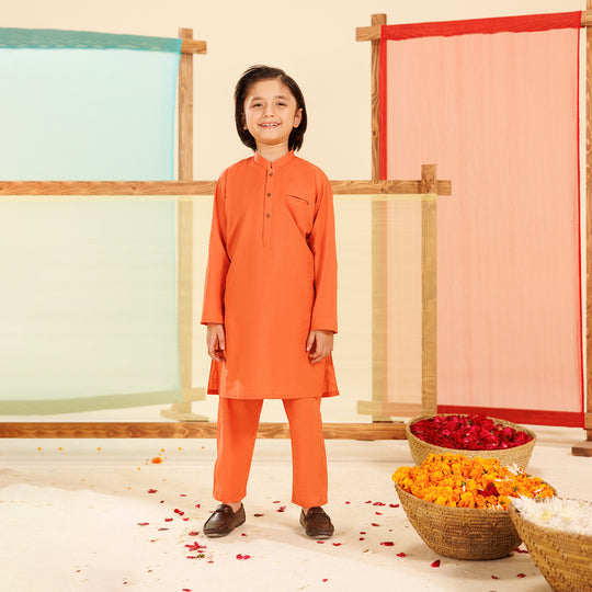 Boys Cotton Kurta Pajama Suit (Pointed Placket)