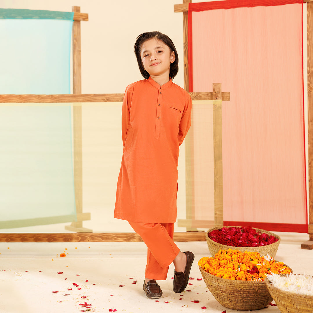 Boys Cotton Kurta Pajama Suit (Pointed Placket)