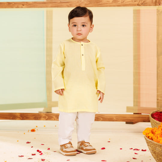 Infants Boys Cotton Jacquard Basic Kurta (VIBRANT)-Yellow