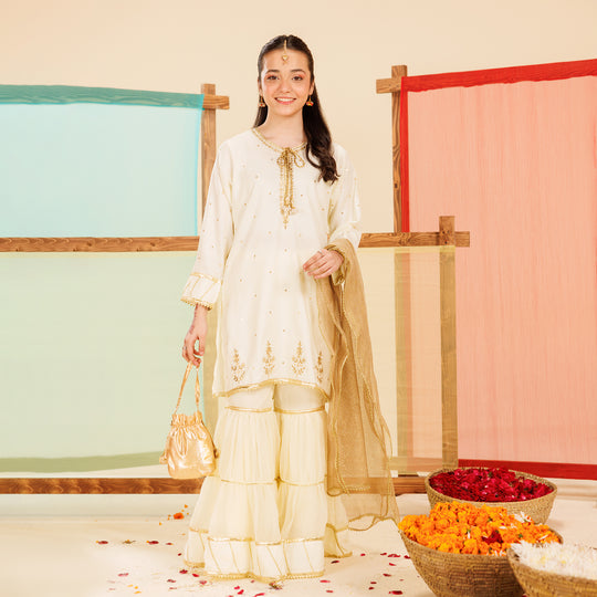 Girls Raw Silk 3 pcs Chaman-Cream