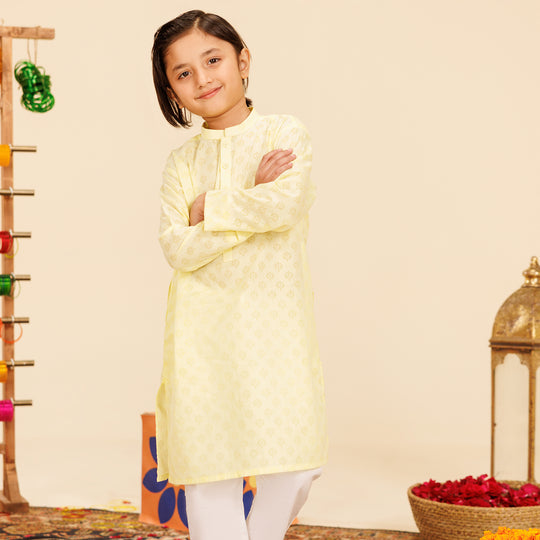 Boys Poly Viscose Basic Kurta (Burn Out)-Yellow