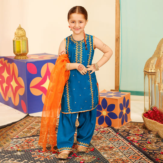 Girls Raw Silk 3 pcs Naqsh - Teal blue