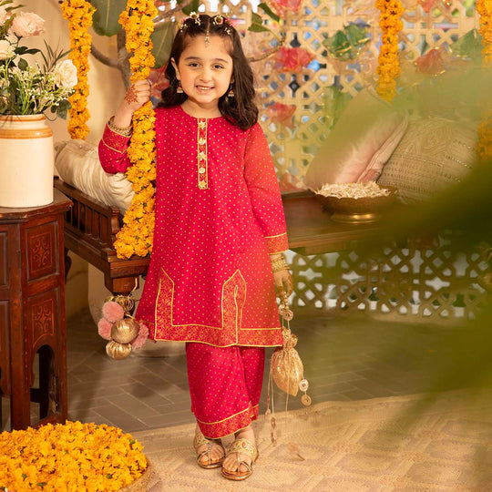 Girls Cotton 2-Pcs Suit (Arzoo) - Bright Pink