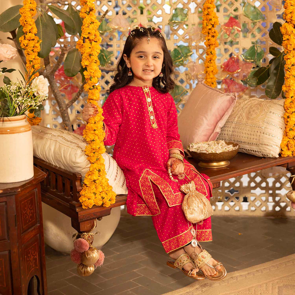 Girls Cotton 2-Pcs Suit (Arzoo) - Bright Pink