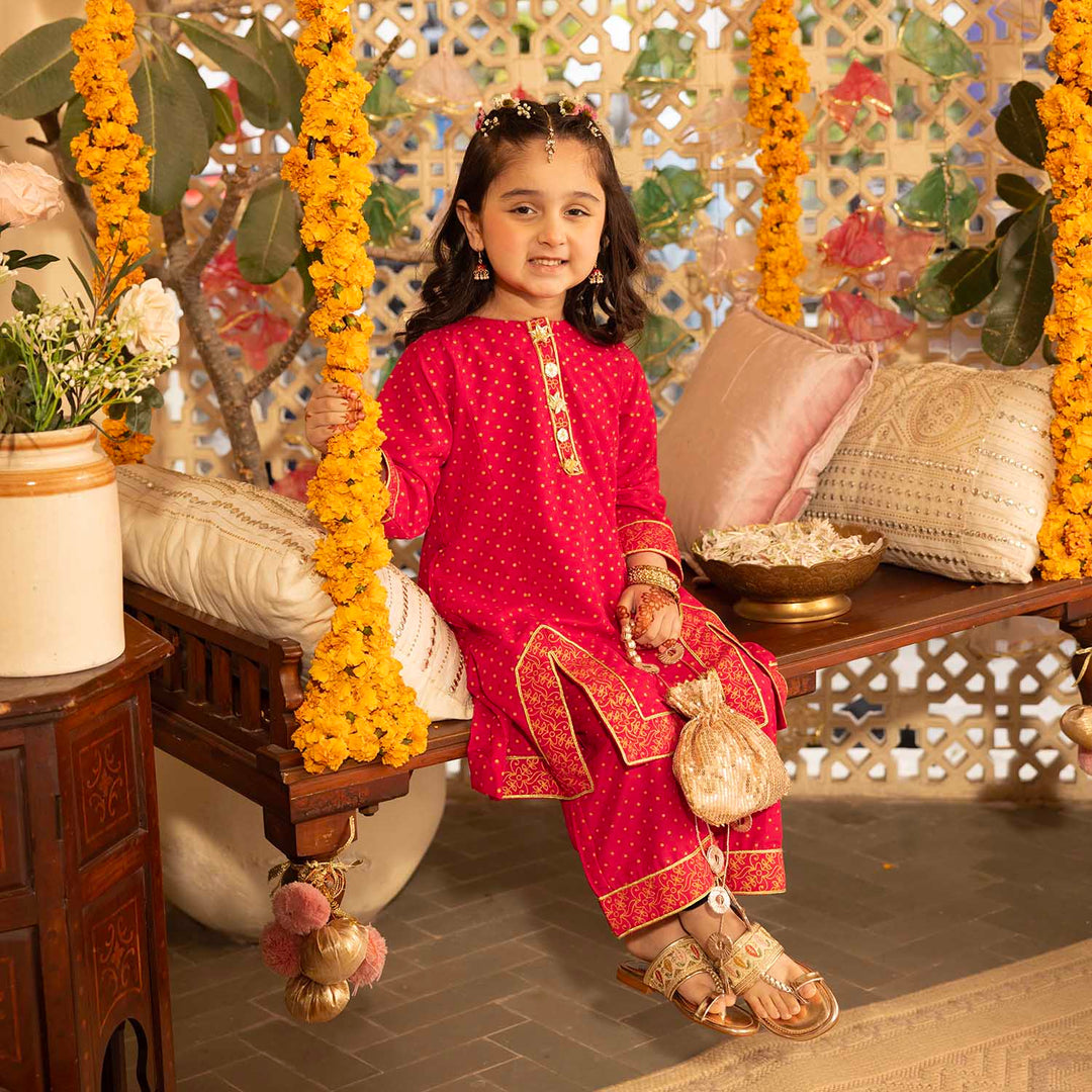 Girls Cotton 2-Pcs Suit (Arzoo) - Bright Pink