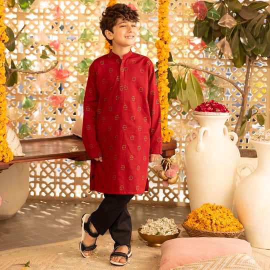 Boys Cotton Jacquard Printed Kurta (Ornamental) - Red