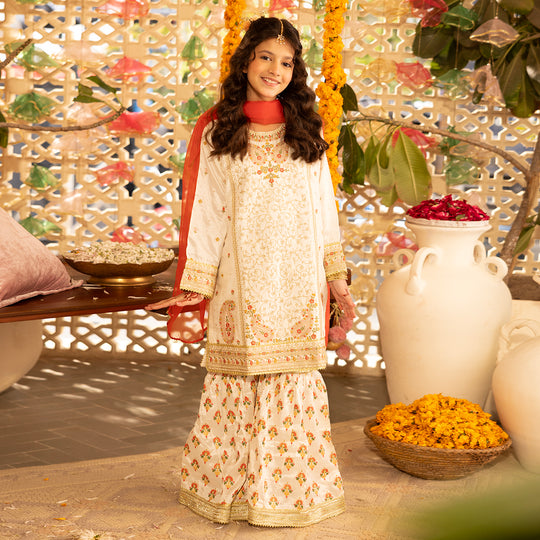 Girls Raw Silk 3-Pc Set (Mah Noor) - Off White