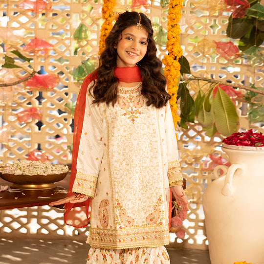 Girls Raw Silk 3-Pc Set (Mah Noor) - Off White