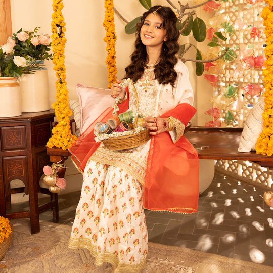 Girls Raw Silk 3-Pc Set (Mah Noor) - Off White