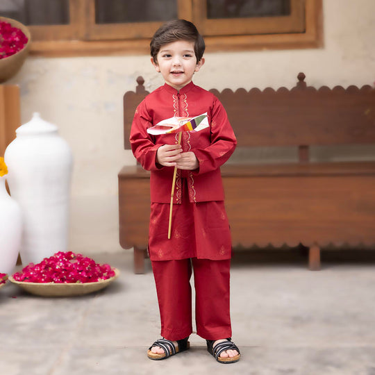 Infant Boys Cotton Poplin 3-Piece Suit (Rung Saz) - Red