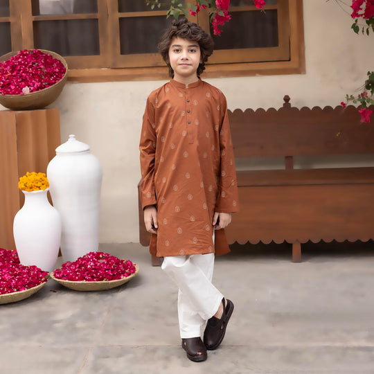 Boys Cotton Poplin Printed Kurta (Brown Blended)