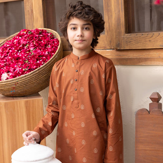 Boys Cotton Poplin Printed Kurta (Brown Blended)